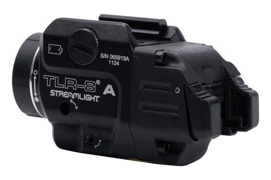 Rail-mounted weapon light with interchangeable toggles.